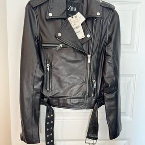 Zara Women's Black Leather Biker Jacket NWT Small